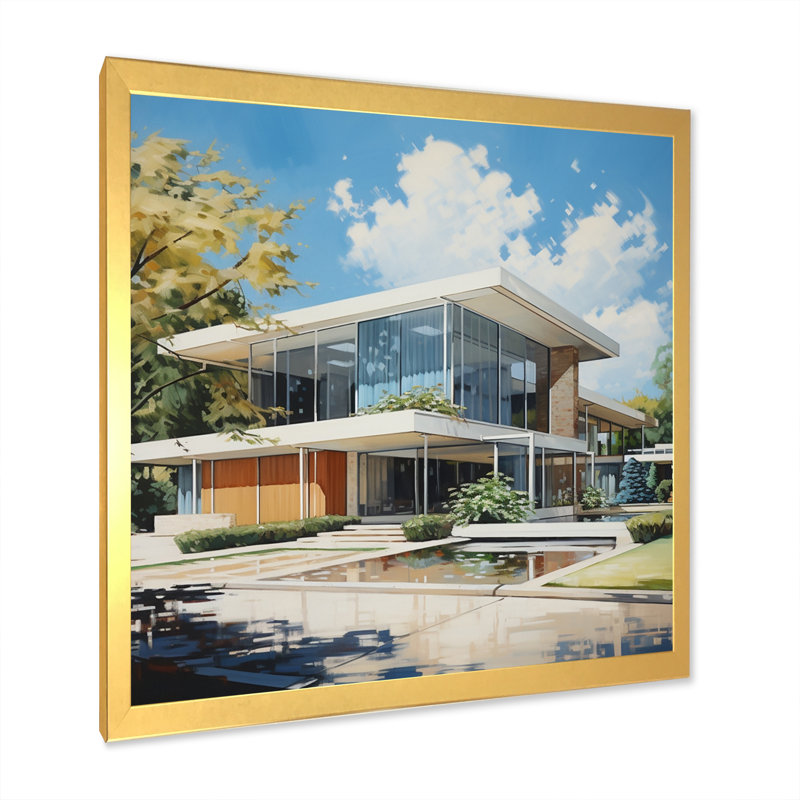 Élégance architecturale beige Mid-Century - imprimé, Encadrement doré, H 24 po x l 24 po x P 1 po