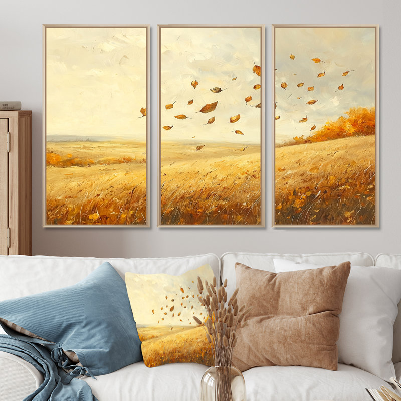Windy Meadow Prairie Leaves IV - feuilles, art mural - 3 pièces, H 32 po x l 48 po, Impression encadrée sans passe-partout