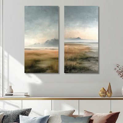 Vert et gris, pluie côtière après-midi - océan, ensemble de 2 reproductions d'art mural en métal
