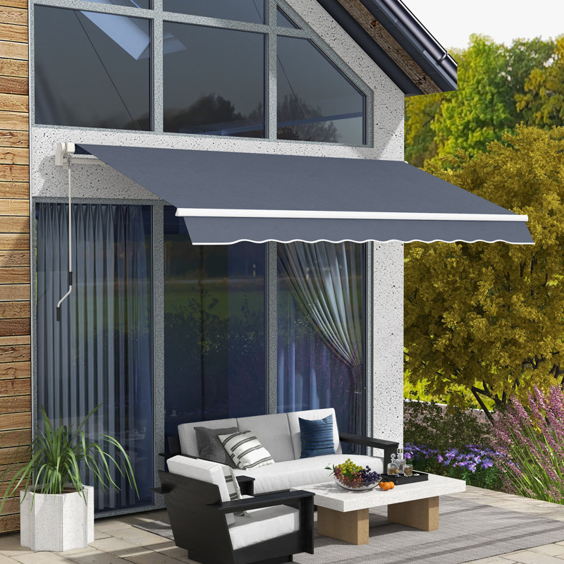 12' X 8' Patio Awning, Canopy Retractable Sun Shade Shelter W/ Manual Crank Handle For Deck, Yard, Dark Gray, Dark Gray