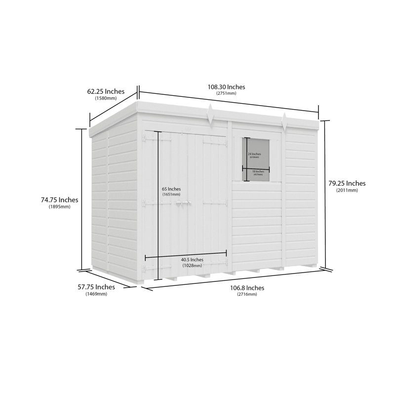 Total Sheds 9ft x 5ft Pent Garden Shed - Double Door - With Windows - Pressure Treated Timber - UK Manufactured