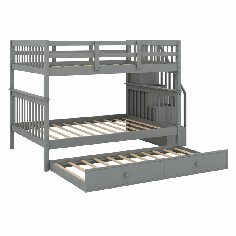 Stairway Bunk Bed With Trundle, Storage And Guard Rail, Gray