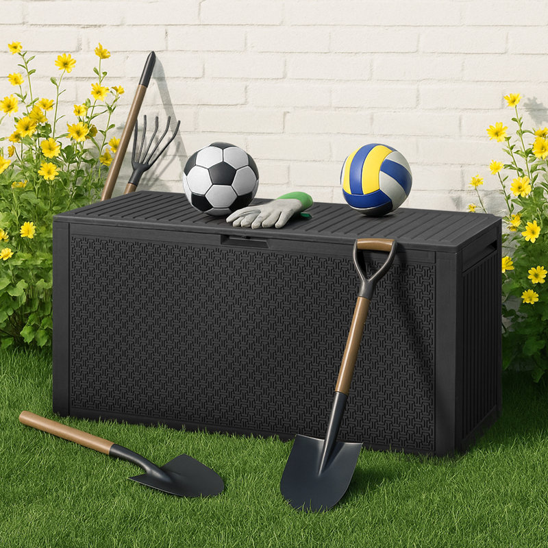 90 Gallons Plastic Lockable Deck Box Outdoor Indoor Storage, Black