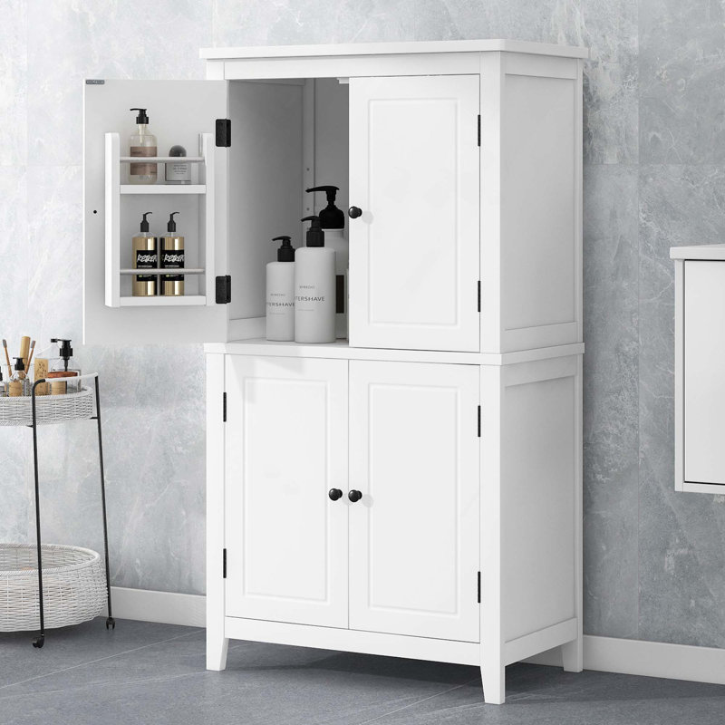 Armoire de rangement élégante pour salle de bain autoportante avec 4 portes réglables et dispositif anti-basculement pour un grand espace de rangement