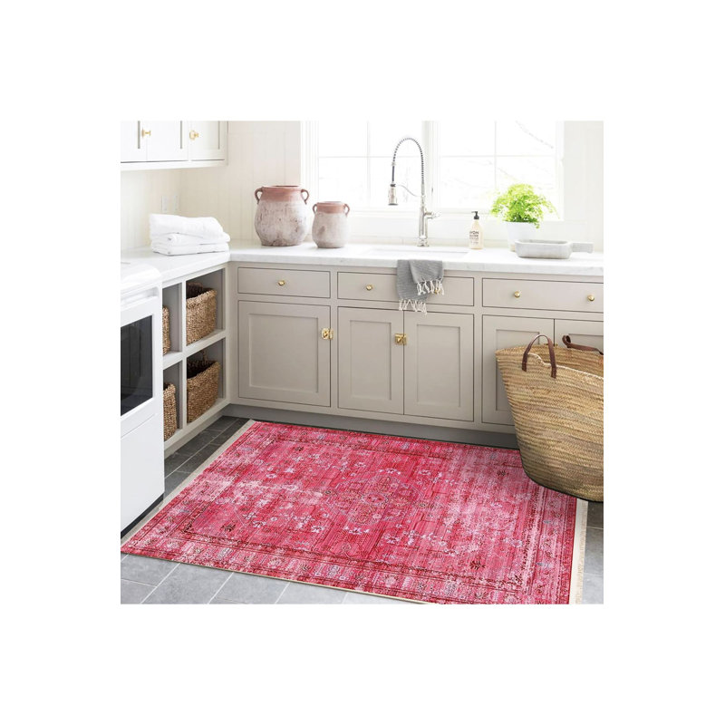 Tapis décoratif rose traditionnel lavable à la machine