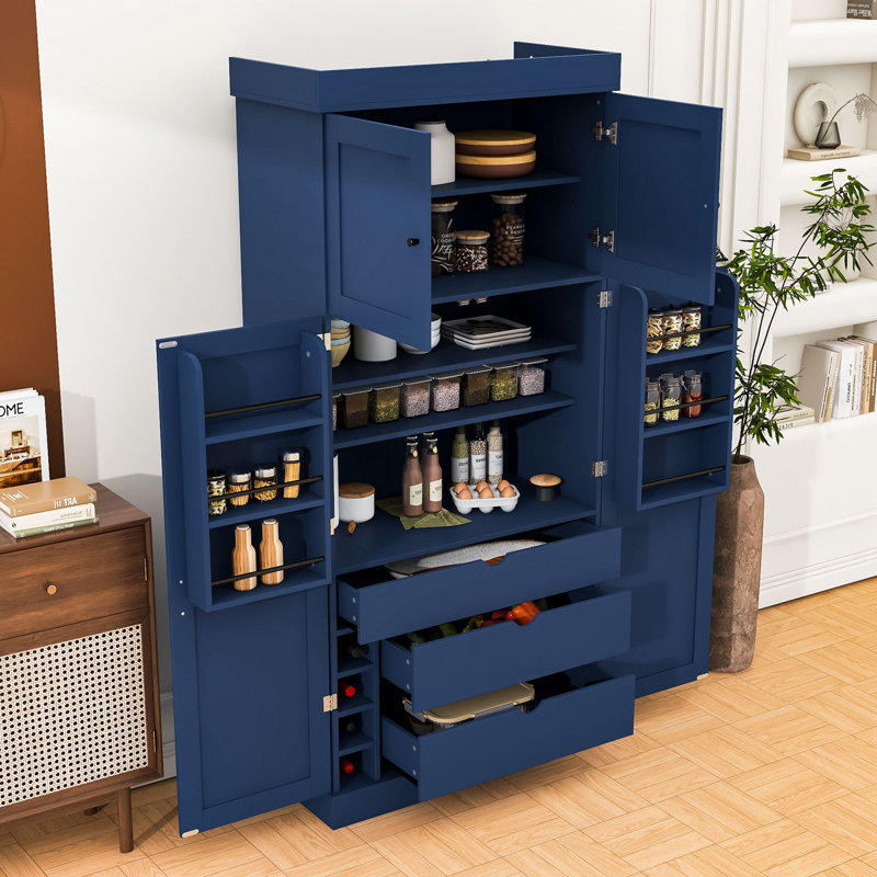 Armoire de cuisine autoportante avec supports à vin intégrés, tiroirs de rangement et tablettes réglables , Bleu
