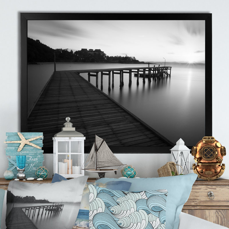 " Black And White Bridge Pier ", 8" H x 12" W x 1" D, Black Closed Corner Framed