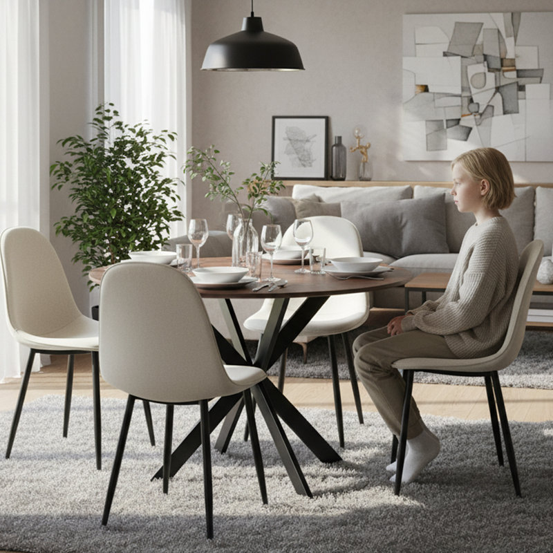 5-Piece Round Dining Table Set For 4, MDF Wood Top & Metal Legs With Upholstered Beige Chairs, Modern Kitchen & Dining Room Set