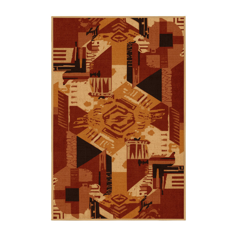 Machine Washable Paulett Global Inspired Block Print Rug in Brown – LightBrown Binding, 4 x 6