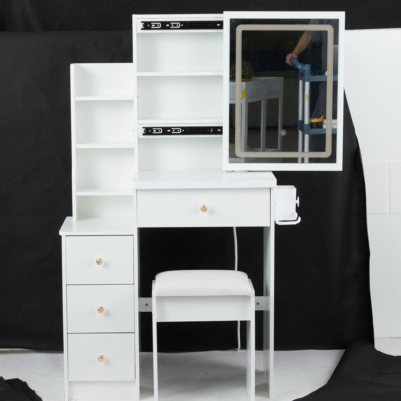 Petite coiffeuse 29,2 po avec tabouret de chevet gauche + tabouret rembourré, 2 blocs d'alimentation CA + 2 ports USB, support pour séchoir à cheveux, très grand miroir à DEL coulissant à contrôle tactile, changement de luminosité tricolore, régl