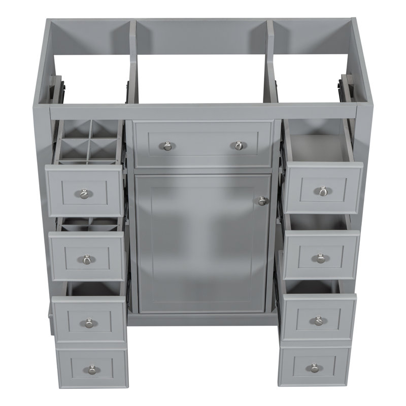 Meuble-lavabo 36 po sans lavabo, base d'armoire seulement, une armoire et six tiroirs, Gris