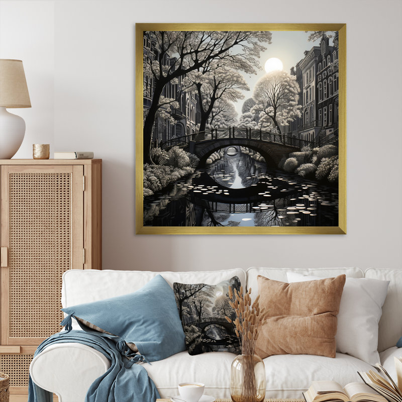 " Grey Canal Dramatic Canals High ", 16" H x 16" W x 1" D, Gold Single Picture Framed