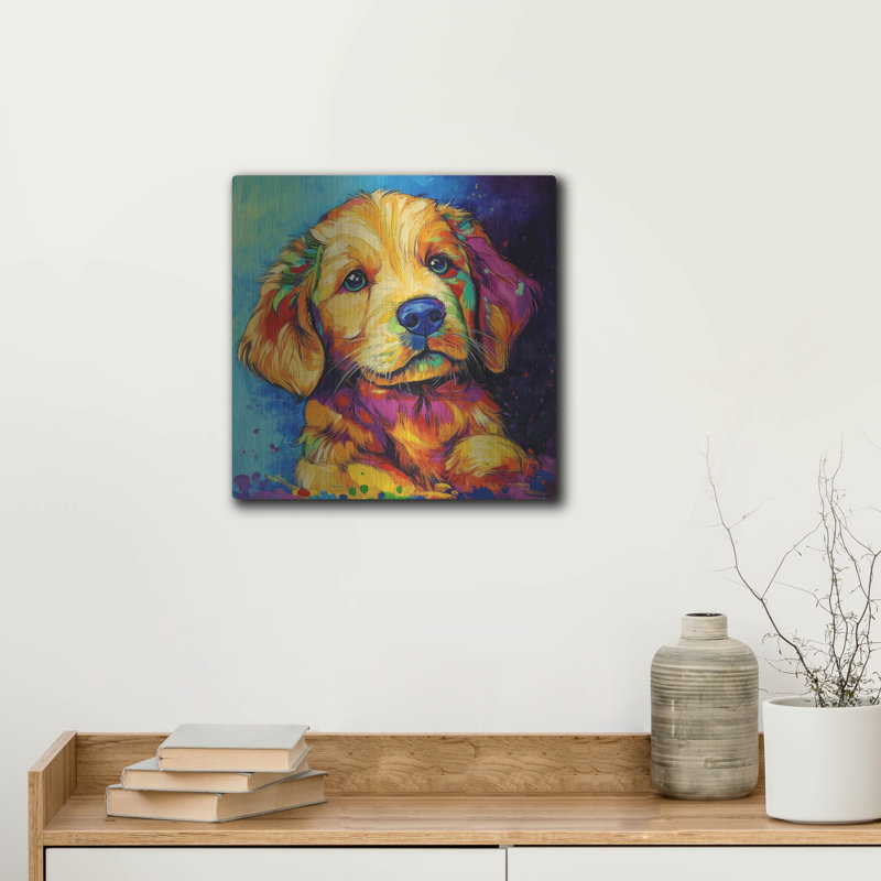  «Wouf Golden Retriever» par Rich Monet, art mural en métal, 12 po x 12 po, H 12 po x l 12 po