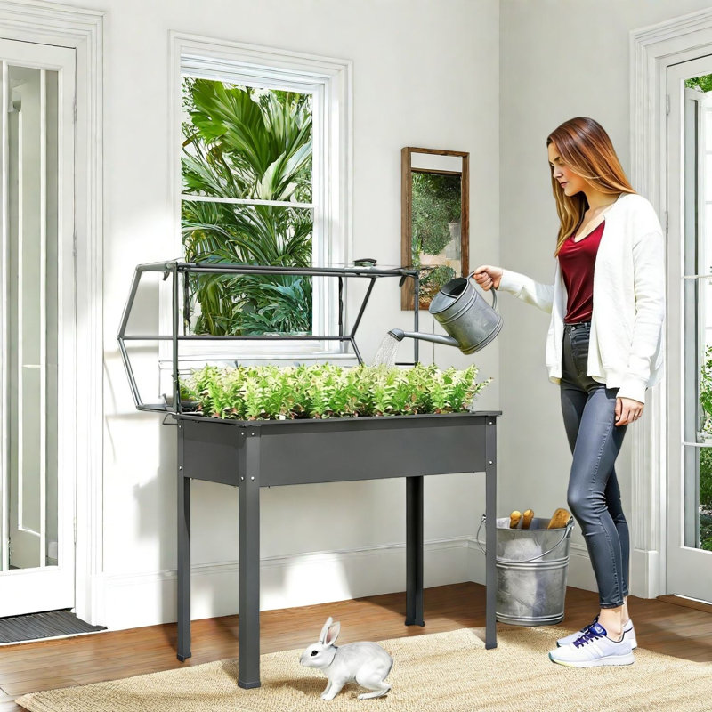 Modern Steel Planters For Home, Dark Gray Elevated Garden Box
