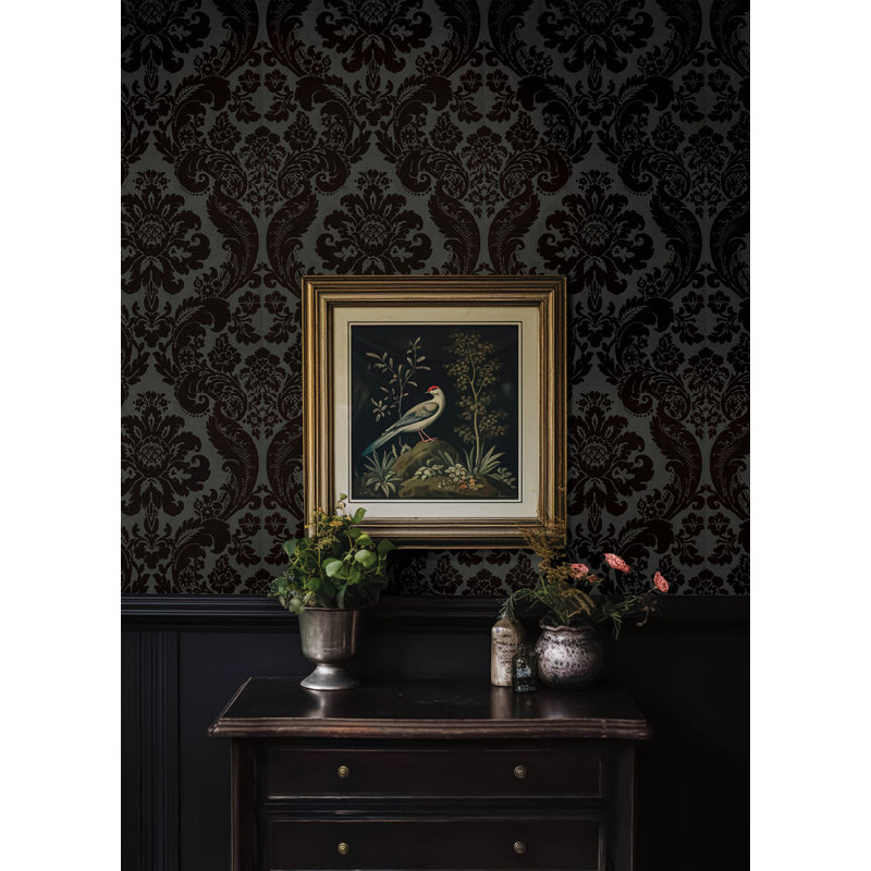 Shadow Black Flocked Damask Wallpaper, Black