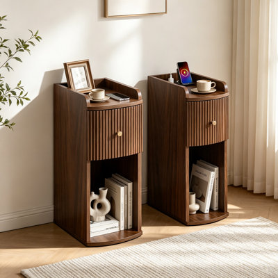 Fluted Nightstand & Narrow Bedside Table With Charging Station