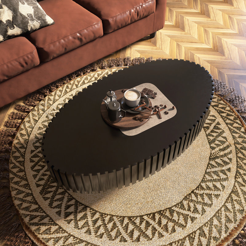 Table basse ovale fabriquée à la main avec relief et piédestal, Noir