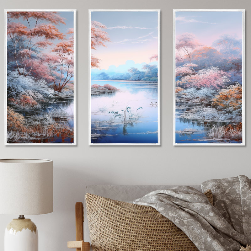 Lacs, rivières, charme, art liquide, paysage I - rivière, art mural sur toile, Cadre flottant blanc