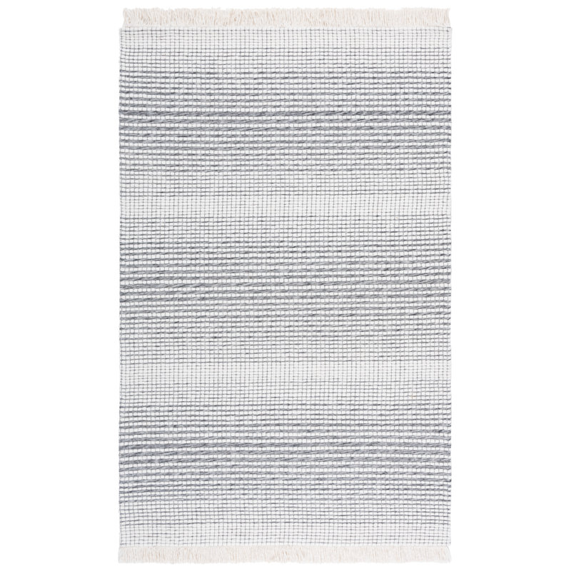 Ivory and Black Handwoven Wool Striped Area Rug, 5' x 8'