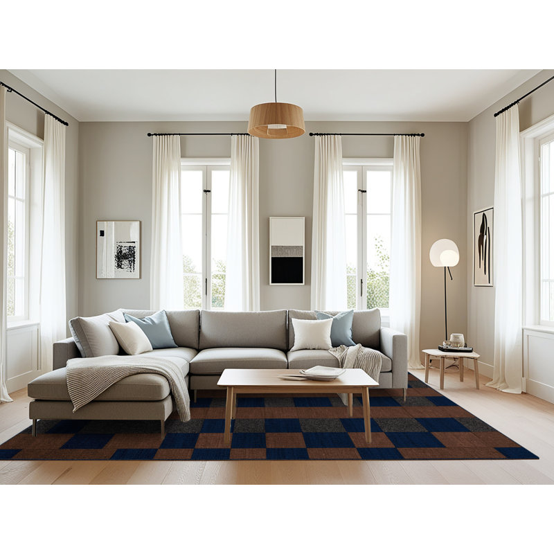 Machine Washable Checkered Blue Area Rug, Rectangle 8' x 12'