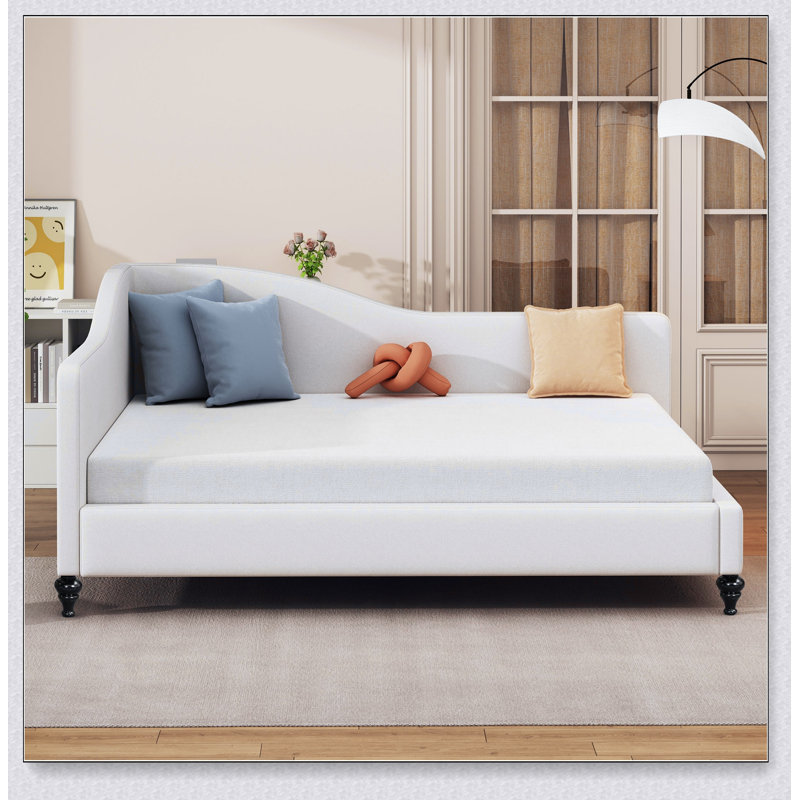 L-Shaped Linen Daybed,With Solid Wood Legs, Full / Double, Beige