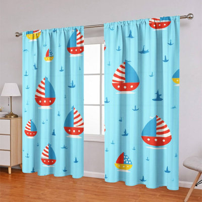 2 pièces de rideau bleu à motif de voilier, voilages décoratifs à thème nautique pour salon, rideau obscurcissant avec passe-tringle, décoration de la maison