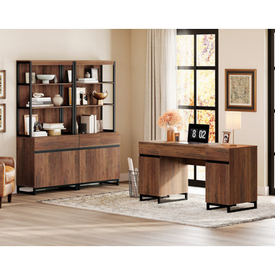 Home Office Furniture Set: 59" Modern Executive Desk With Charging Station  Storage Cabinet + 72" Tall Bookcases, Wood Computer Desk  Library Storag