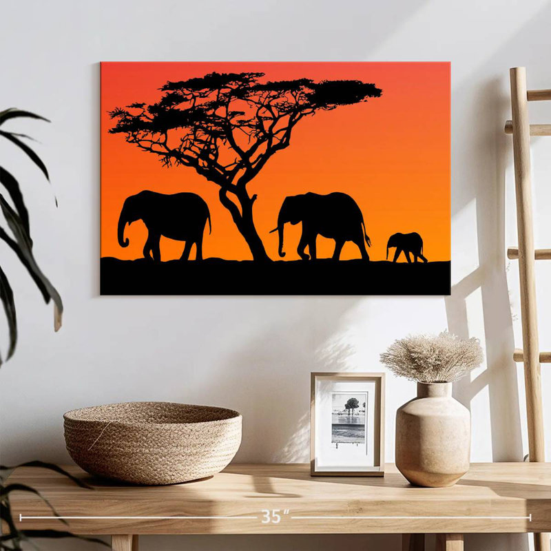 Orange Sunset Elephants, 24" H x 36" W