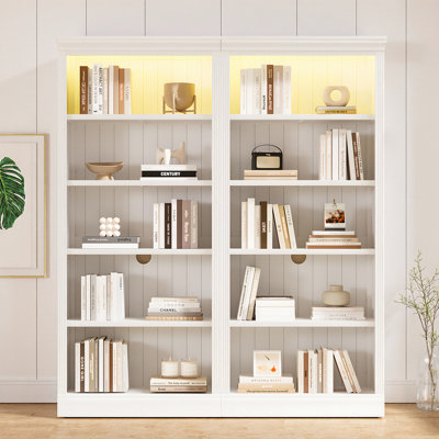 Ensemble de bibliothèque de 83 po de hauteur - 2 unités, 5 niveaux chacune, avec bande lumineuse à DEL, tablettes réglables - noir, ensemble de rangement autoportant pour salon, bureau à domicile - largeur totale 71,66 po