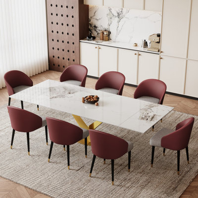 Ponciano 9 - Piece 94.48'' Rectangular Extendable Sintered Stone Dining Table with 8 Leather Chairs Dining Set