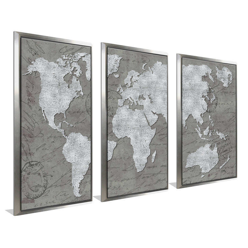 " World Map On Script " 3 - Pieces, 64.5" W x 41.5" H