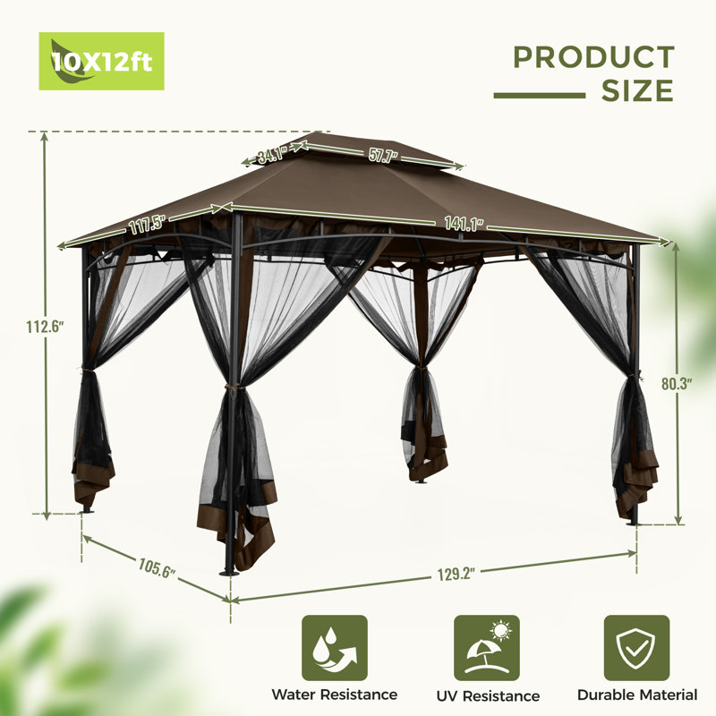 Double Roof Soft Top Metal Patio Gazebo With Netting, 112.6" H x 141.1" W x 117.5" D, Brown