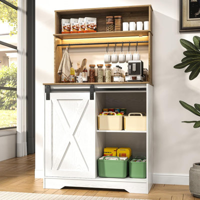 55" Farmhouse Coffee Bar Hutch with LED Light, Storage & Sliding Barn Door by 17 Stories
