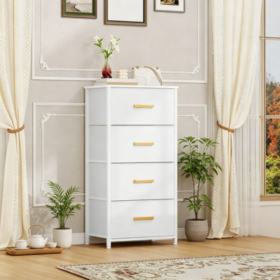 4 Drawer Dresser With Fabric Storage Tower, Metal Frame And MDF Wooden Top, Organizer Unit For Living Room, Hallway, Closets, White
