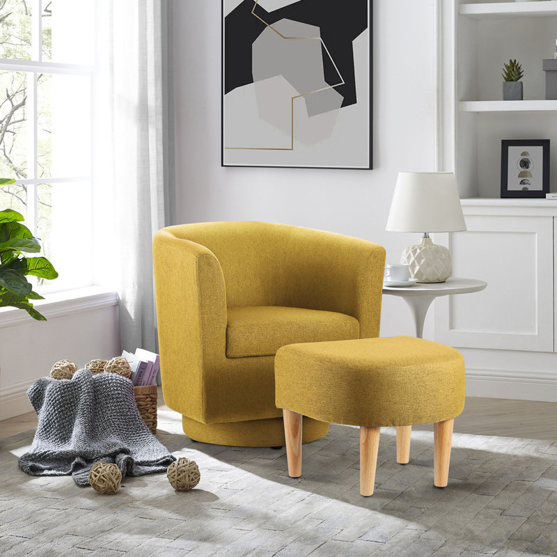 Yellow Linen Swivel Barrel Chair with Ottoman