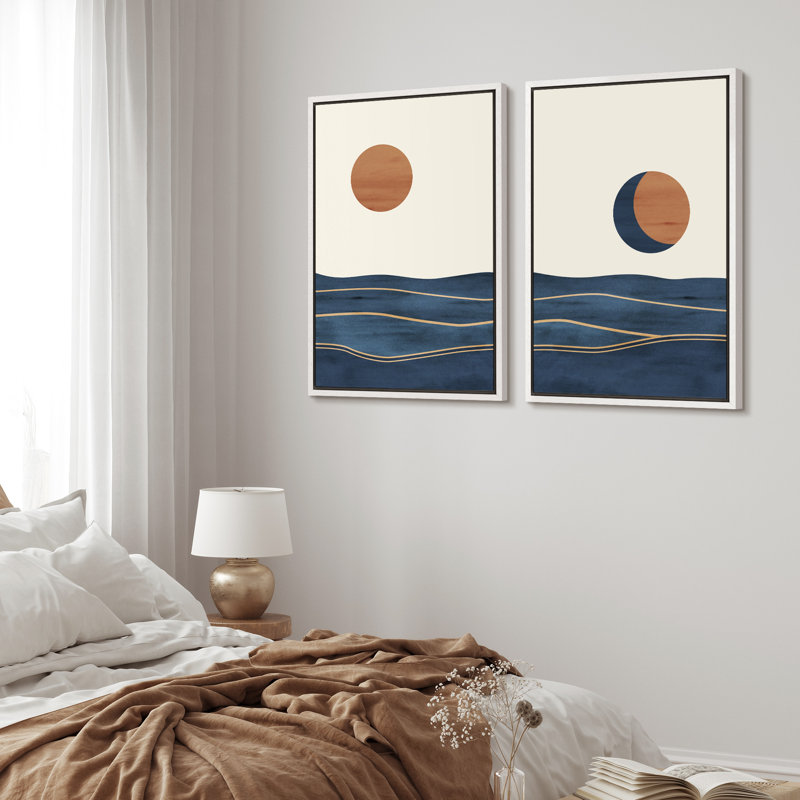 Sun And Moon " Abstract Sun Over Blue Watercolor Ocean Waves Modern Minimalist Landscape " 2 - Pieces, 36" H x 24" W