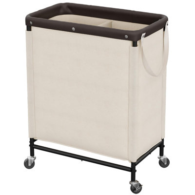2 Section Laundry Hamper, Rolling Laundry Cart With Wheels And Handles, Laundry Room Double Sorter For Organizer And Storage, 26.4 Gal(100L), Beige
