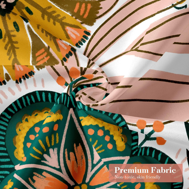 Boho Floral Fabric Shower Curtain with Colorful Tropical Leaves, 72x72