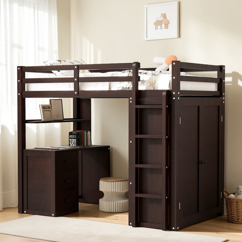 Lit mezzanine avec bureau intégré et garde-robe, Simple, Espresso