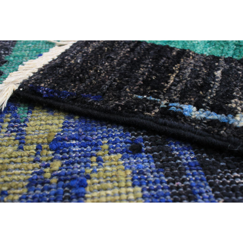 Tapis unique en laine noué à la main vert / noir années 2010 5 pi 11 po x 8 pi 11 po Quiller