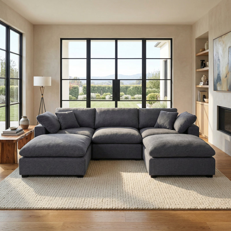 Modular Plush Chenille Extra Soft Deep Cloud Sectional U-shaped Sofa With Ottoman & Armrest Pillows, Dark Gray Chenille