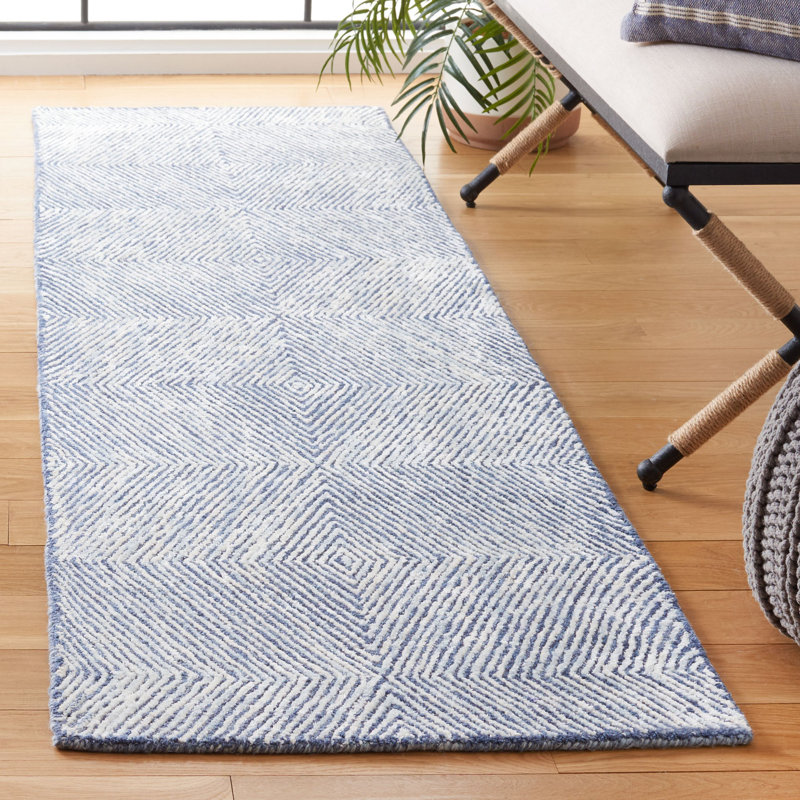 Tapis bleu en laine / coton touffeté à la main Soho, Tapis de couloir 2 pi 3 po x 8 pi
