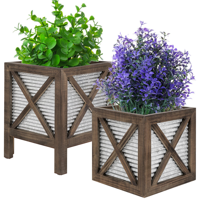 Farmhouse Wood and Galvanized Metal Planter Box Set of 2 with Stand, Brown, Brown
