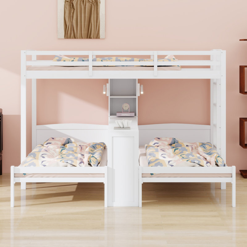 Lit superposé multifonctionnel avec bureau, tablettes et lampe de lecture, 3 lits séparés dans une seule unité, Blanc