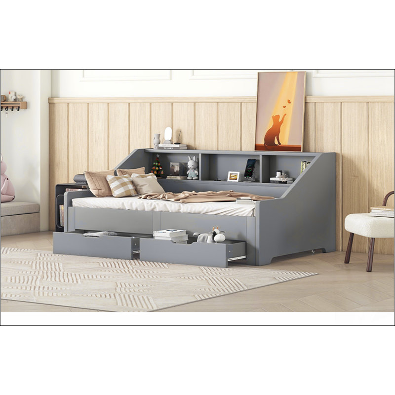 Twin To King Size Daybed Frame With Storage Bookcases, Drawers And Charging, Grey