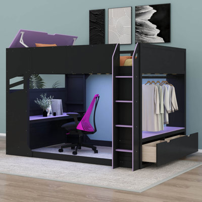 Lit mezzanine de jeu avec bureau réglable, compartiments de rangement, tringle, tiroirs et lumières RVB pour enfants, adolescents, adultes