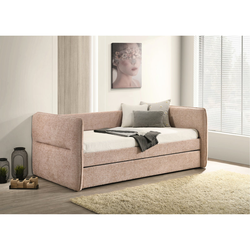 Lit de jour mauve moderne, 1 pièce avec lit gigogne escamotable intégré, conception à boutons, bois massif pour la chambre à coucher et le salon, garniture cloutée sans matelas, zones, ensemble