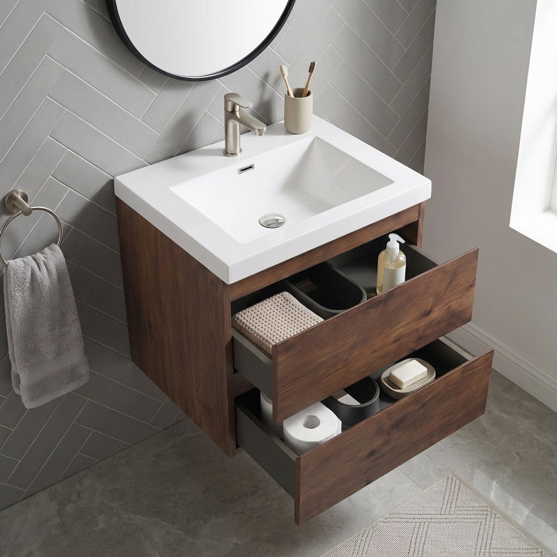 Meuble-lavabo suspendu de 61 cm (24 po) en mélamine en bois, résistant à l'eau, avec lavabo intégré en résine et carbonate de calcium, entièrement assemblé.