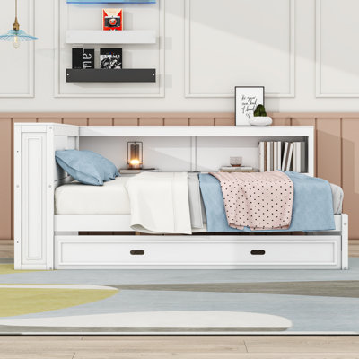 Full Wood Daybed with LED, USB, Storage Shelves and Twin Trundle