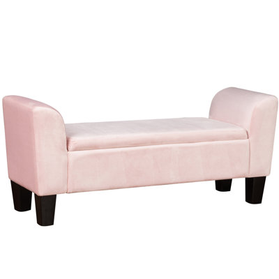 Banc de rangement en velours rose avec pieds 55 po - Siège en bois massif et mousse